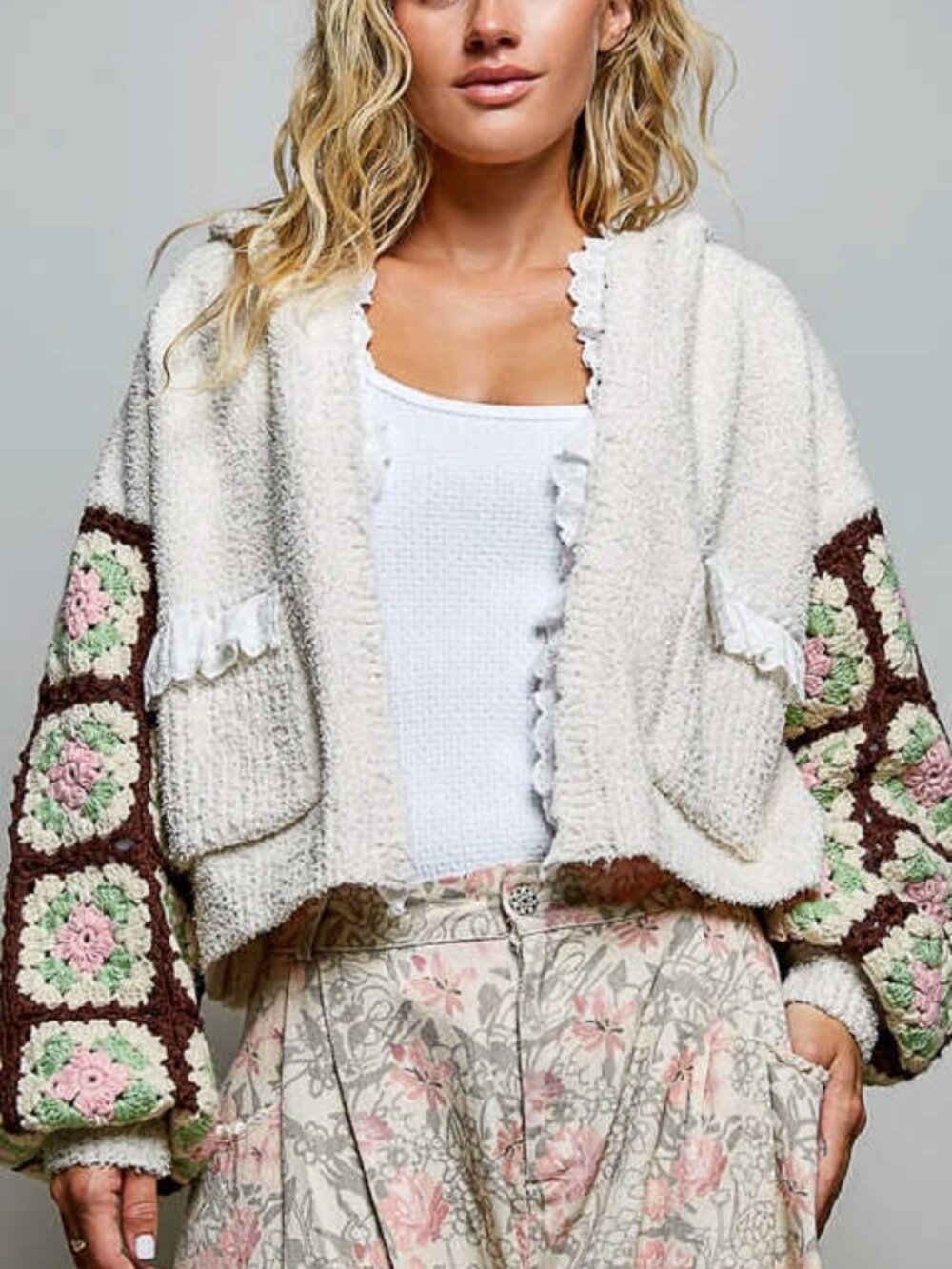 Granny Square Crochet Sleeve Berber Knit Hooded Cardigan